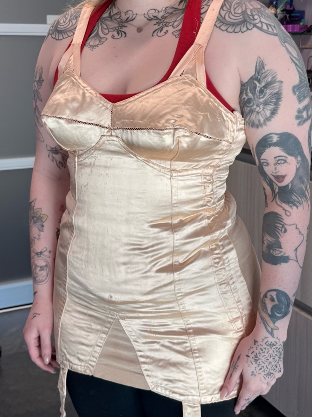 RARE L’attice 1940s Satin CORSELETTE Garters Open Bottom Girdle Corset Silk